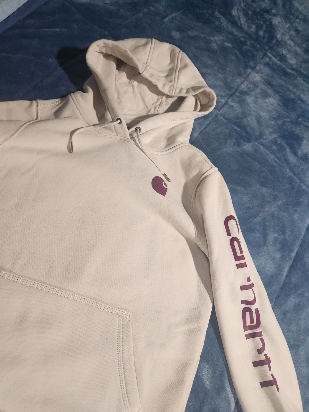 Carhartt Women’s Cream Hoodie with Purple Logo Medium